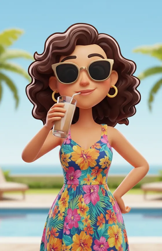 Sunny de óculos escuros, tomando um suco na beira da piscina