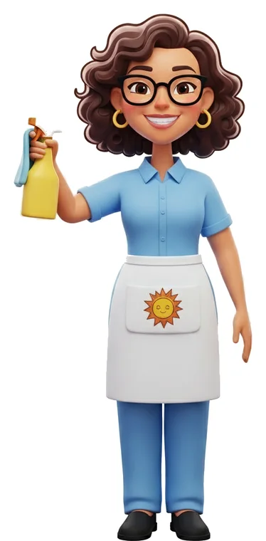 Sunny de uniforme, segurando um borrifador